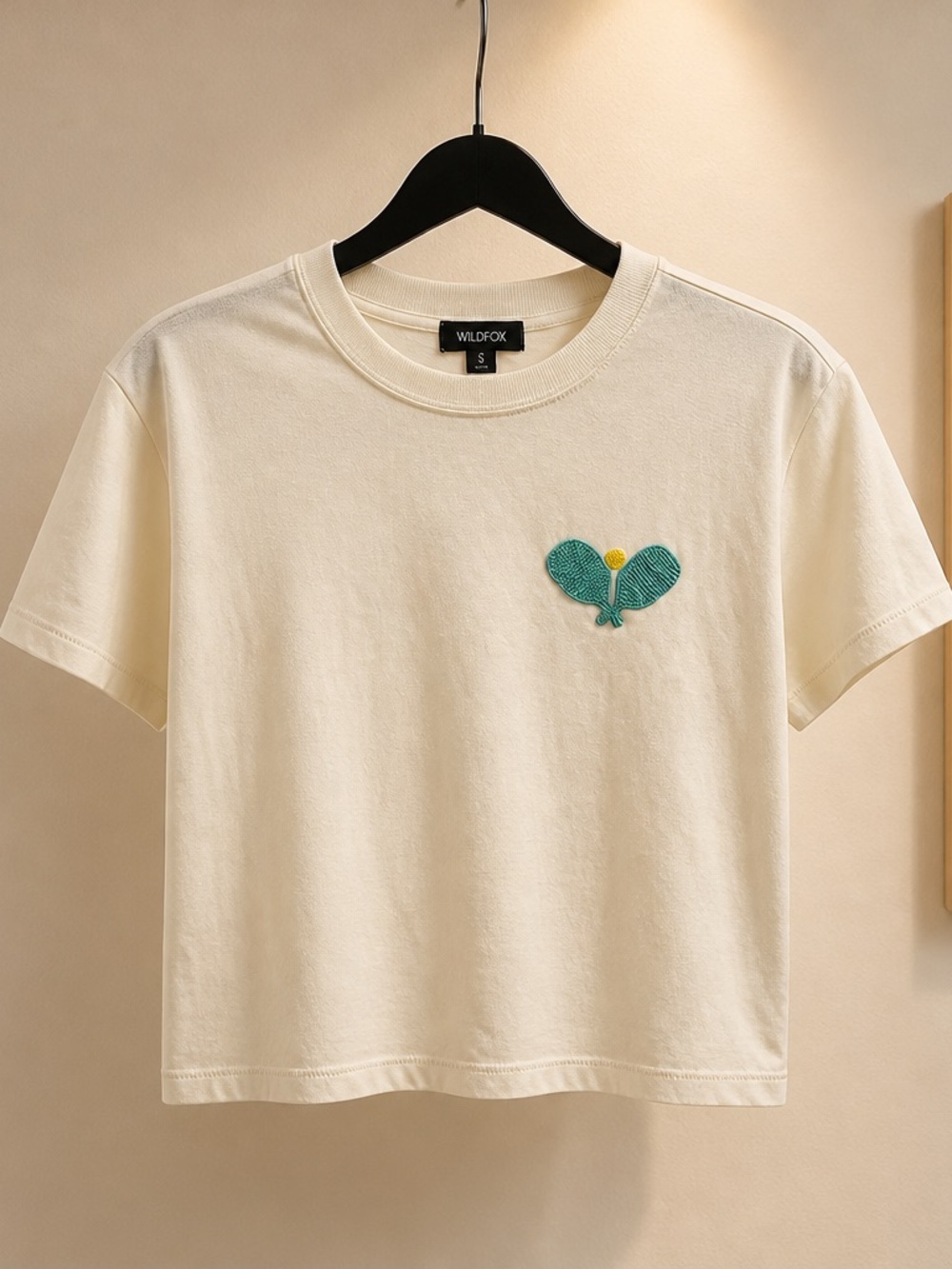Wildfox Cream Short Sleeve Tee with Teal and Yellow Embroidered tennis rackets